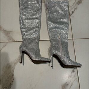 INC International Concepts Silver Sequin Over-the-Knee Stiletto Boots